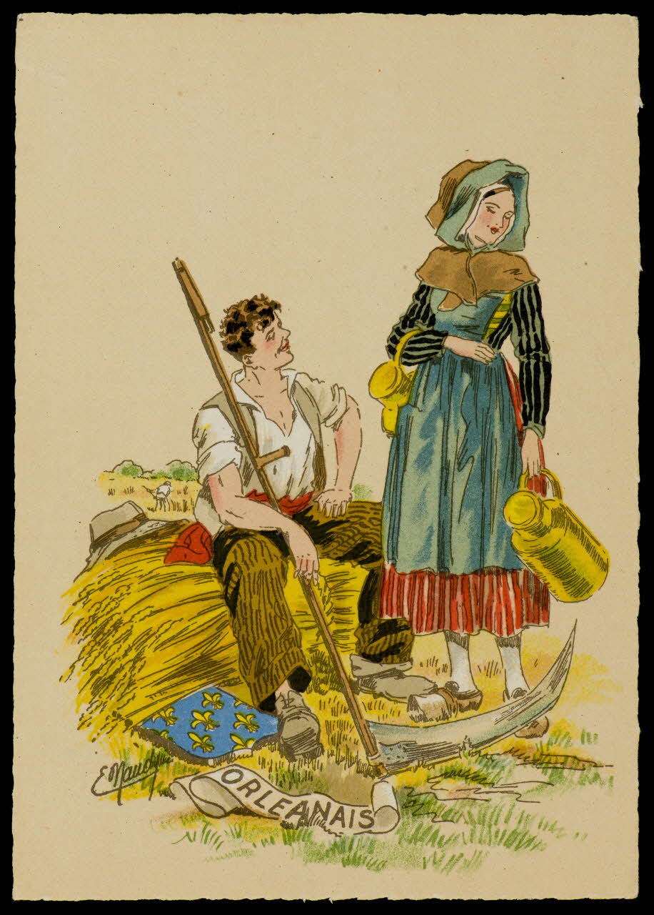 Maudy E. ; Barré M. ; Dayez J. carte postale Homme et femme en costume orléanais Paris 1951 1993.33.32 Photo