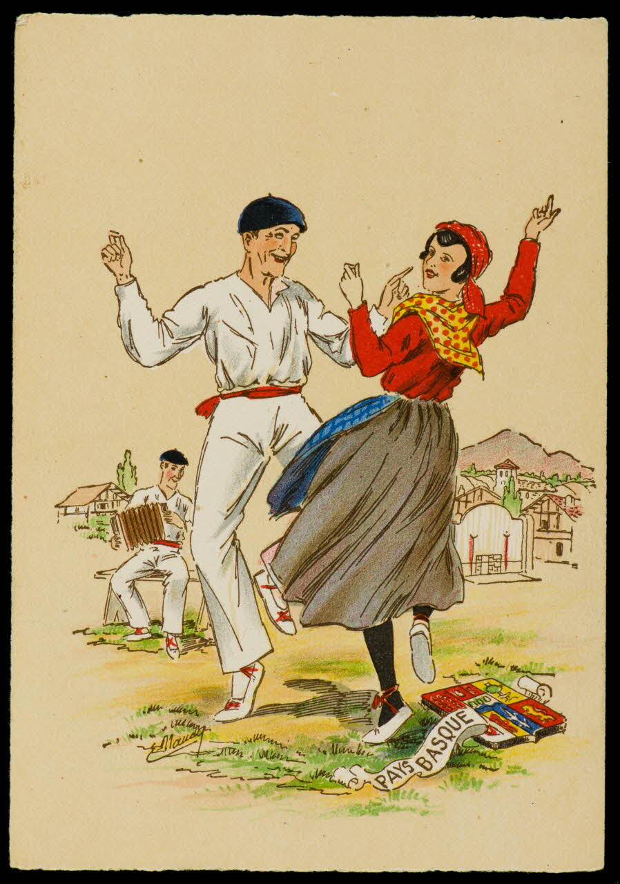 Maudy E. ; Barré M. ; Dayez J. carte postale Homme et femme en costume basque Paris 1951 1993.33.34 Photo