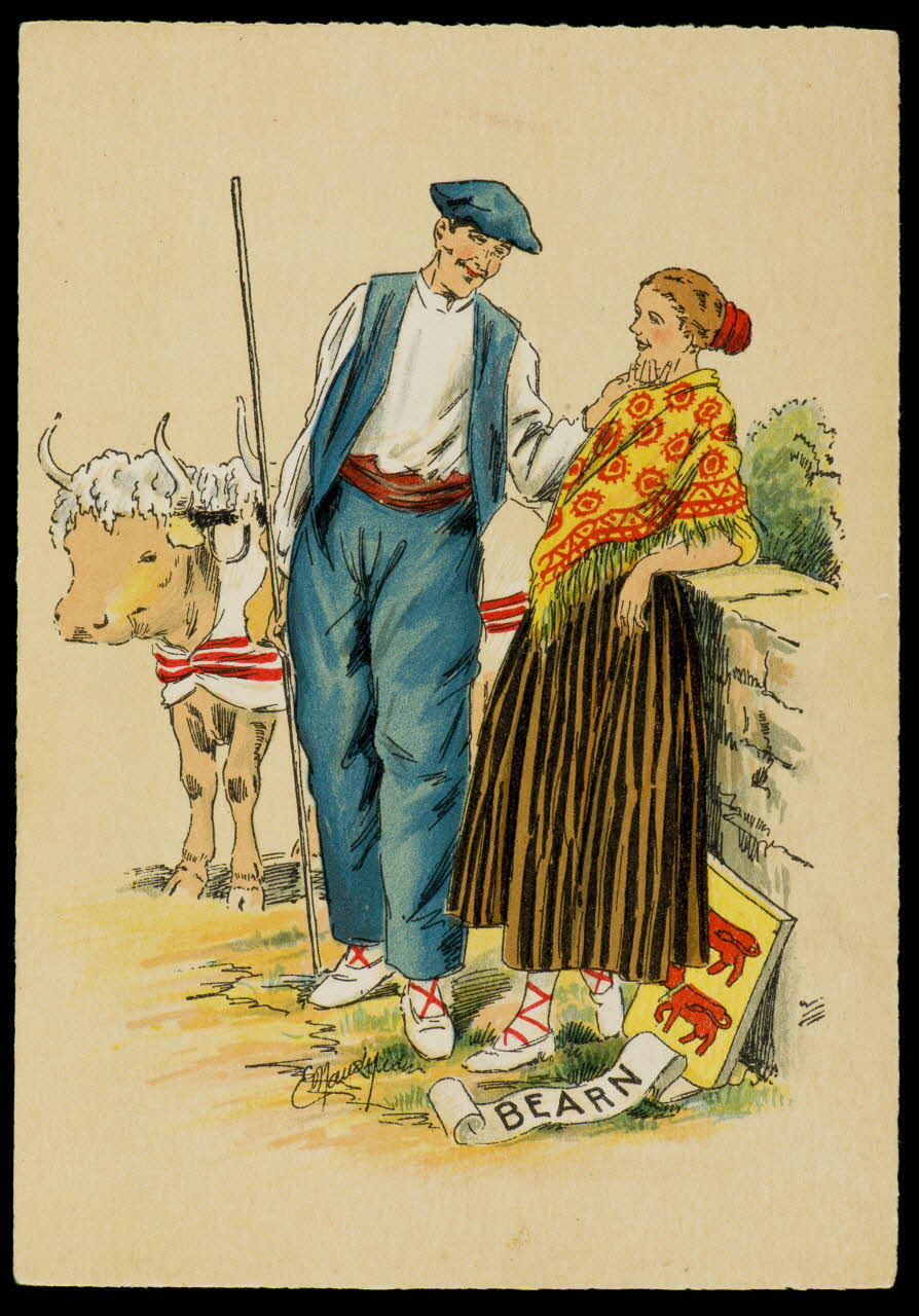 Maudy E. ; Barré M. ; Dayez J. carte postale Homme et femme en costume béarnais Paris 1951 1993.33.35 Photo