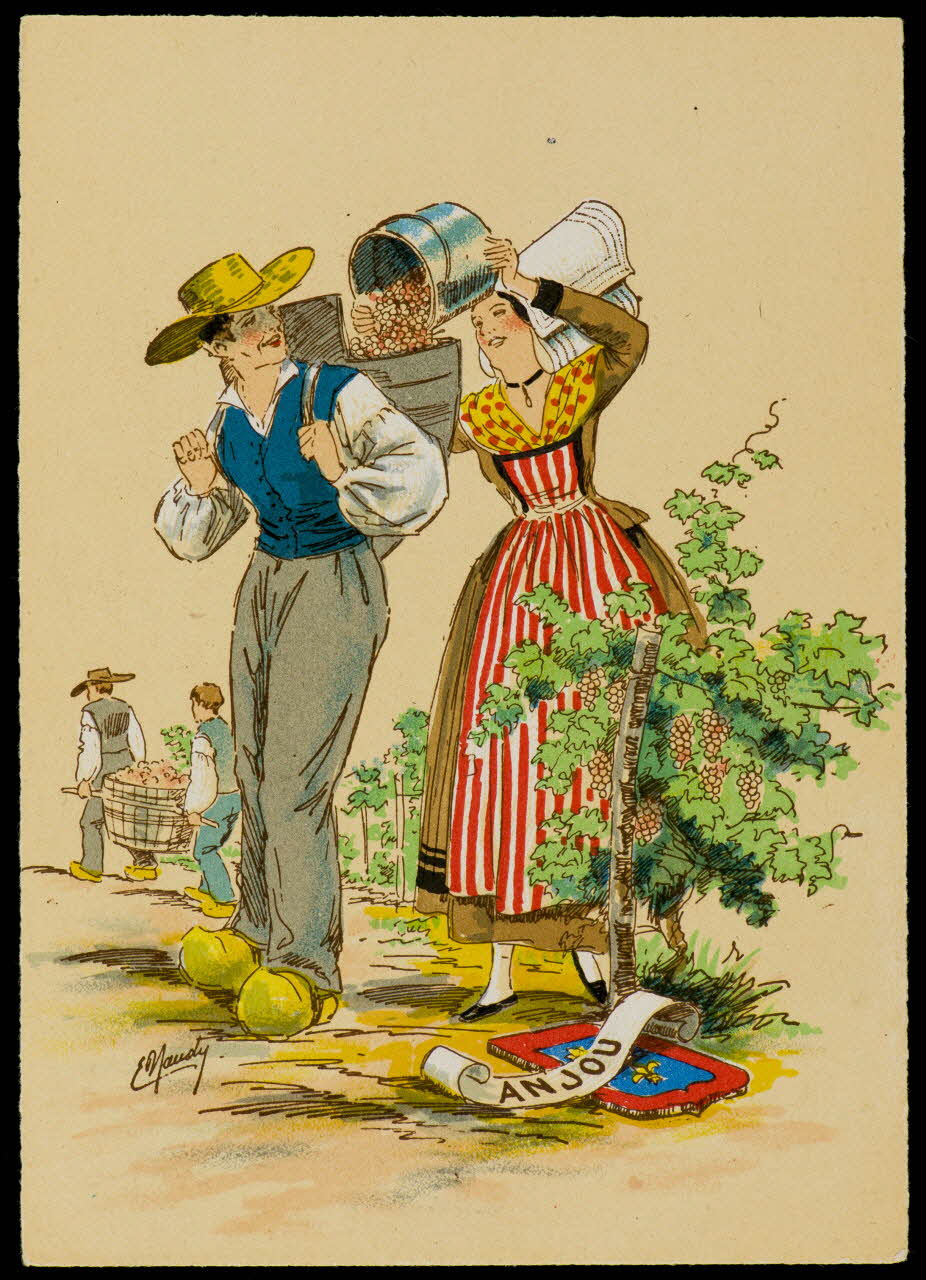 Maudy E. ; Barré M. ; Dayez J. carte postale Homme et femme en costume d'Anjou Paris 1951 1993.33.39 Photo