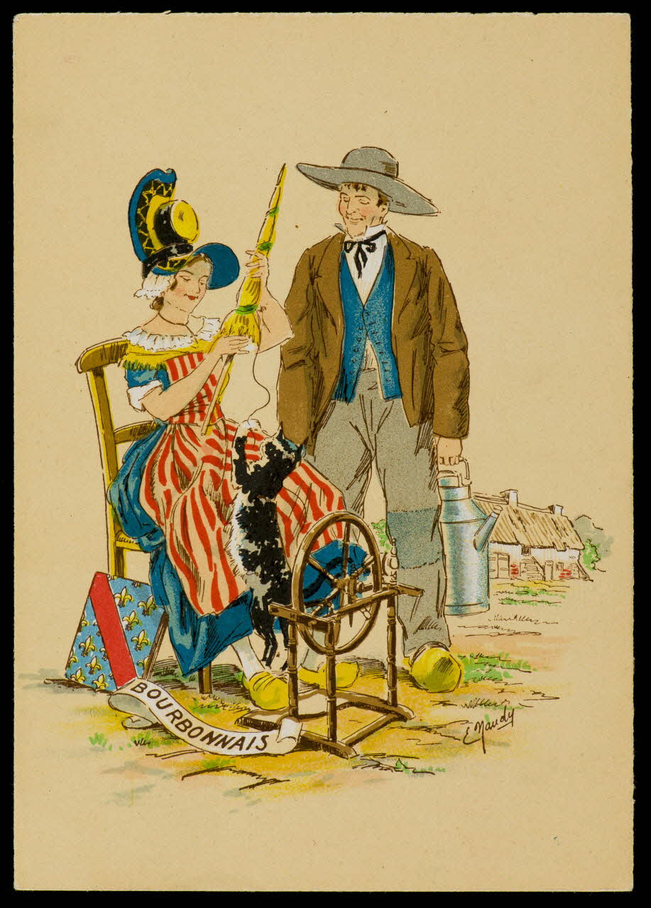 Maudy E. ; Barré M. ; Dayez J. carte postale Homme et femme en costume bourbonnais Paris 1951 1993.33.7 Photo