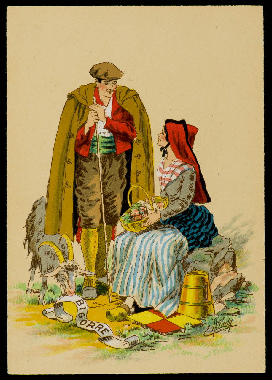 Maudy E. ; Barré M. ; Dayez J. carte postale Homme et femme en costume de Bigorre Paris 1951 1993.33.9 Photo