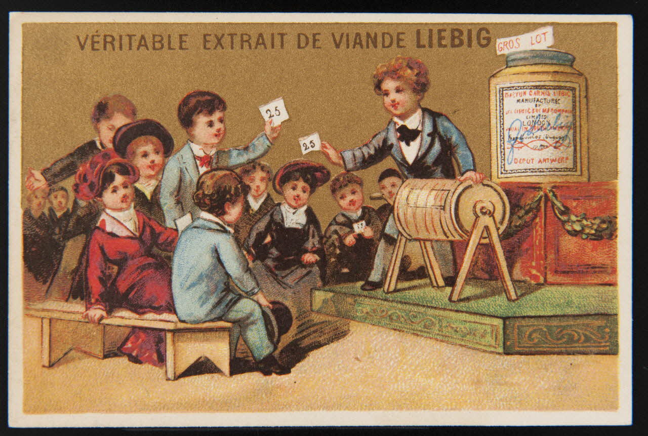 Testu & Massin carte réclame Groupe d'enfants et jeu de loterie dont le gros lot est un pot d'extrait de viande Liebig 1878-1883 1994.25.105 Photo