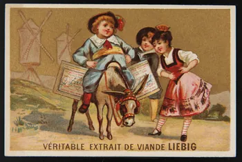 Testu & Massin carte réclame Petit garçon monté sur un âne transportant des pots d'extrait de viande Liebig 1878-1883 1994.25.106 Photo