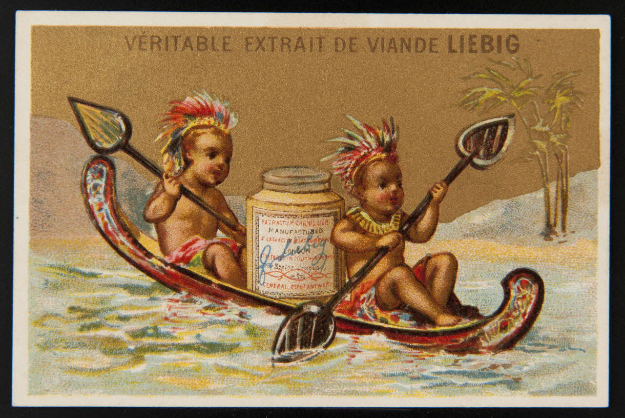 Testu & Massin carte réclame Deux enfants vêtus en Indiens d'Amérique transportent un pot d'extrait de viande Liebig 1878-1883 1994.25.110 Photo