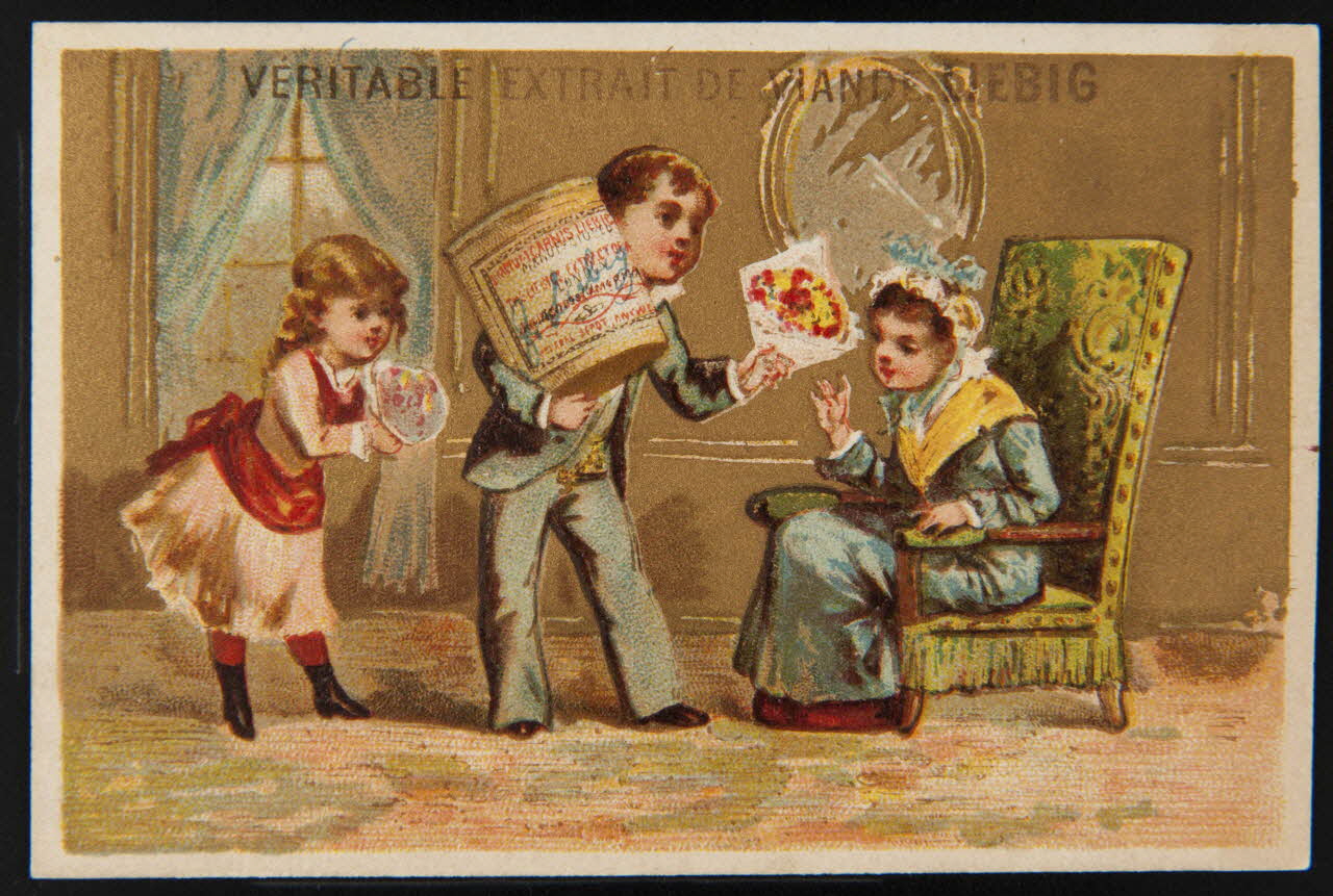 Testu & Massin carte réclame Un petit garçon et une petite fille offrent des fleurs et un pot d'extrait de viande Liebig 1878-1883 1994.25.114 Photo