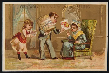 Testu & Massin carte réclame Un petit garçon et une petite fille offrent des fleurs et un pot d'extrait de viande Liebig 1878-1883 1994.25.114 Photo