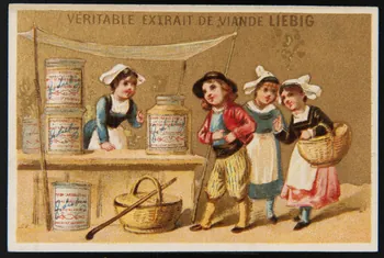 Testu & Massin carte réclame Petit garçon habillé en breton achetant un pot d'extrait de viande Liebig à une fillette habillé en bretonne 1878-1883 1994.25.115 Photo