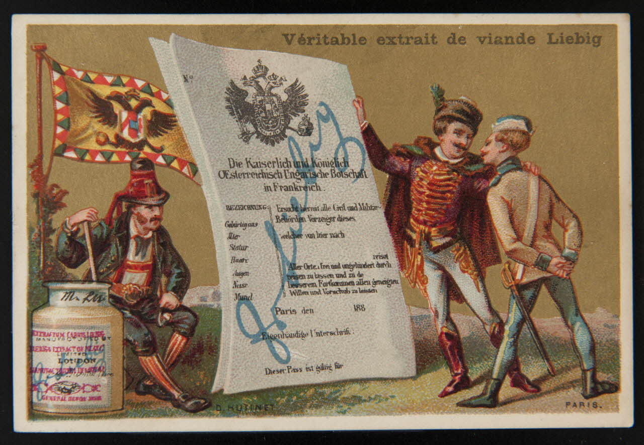 D. Hutinet carte réclame Militaires devant une affiche et un pot Liebig 1878-1883 1994.25.131 Photo