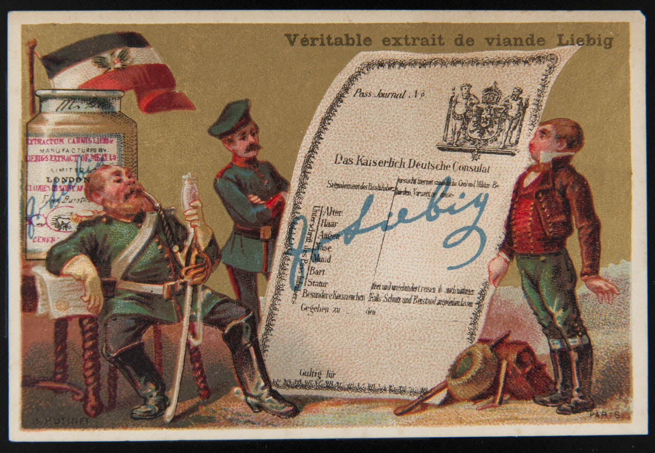 D. Hutinet carte réclame Militaires devant affiche et pot de Liebig 1878-1883 1994.25.134 Photo
