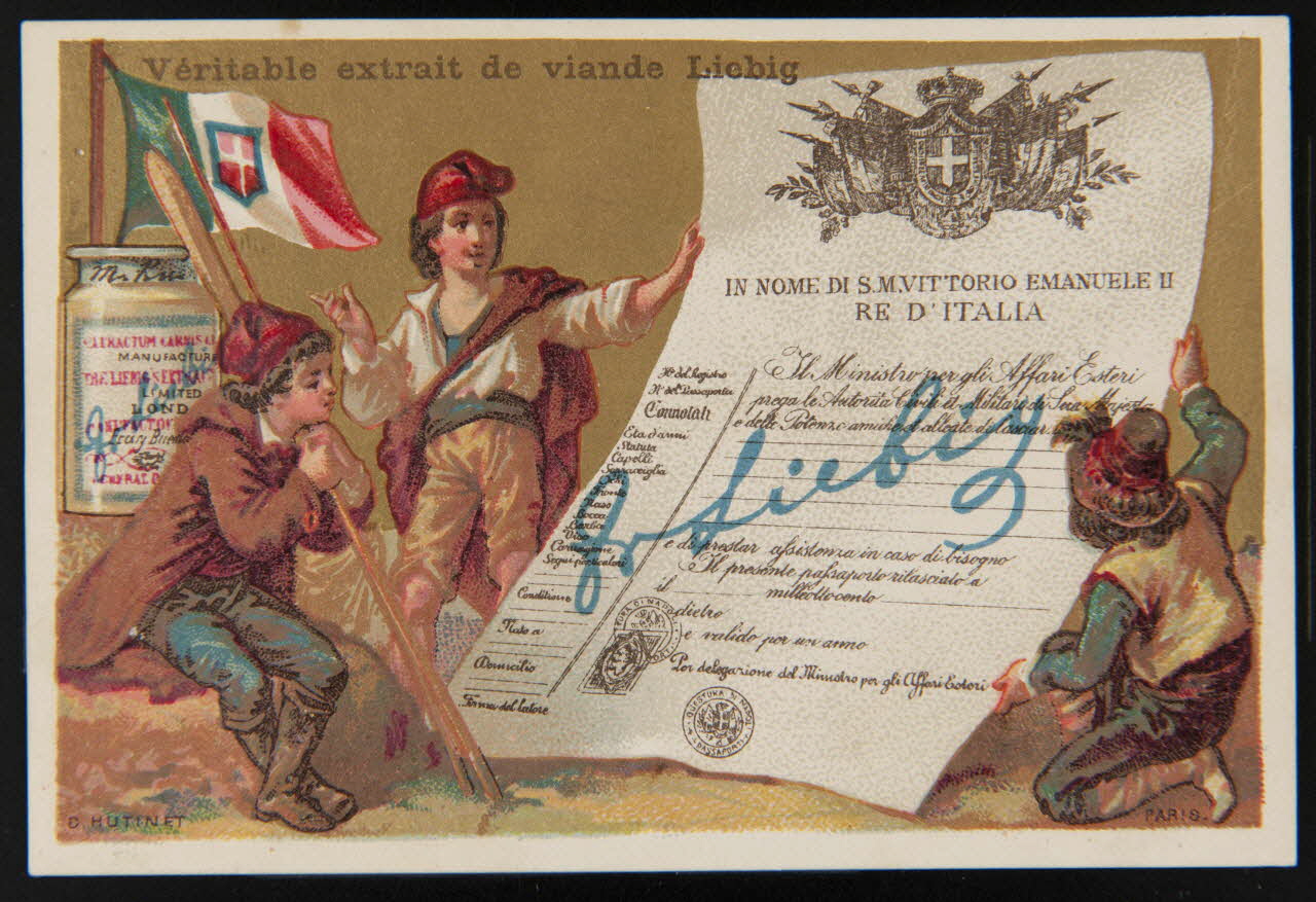 D. Hutinet carte réclame Citoyens devant affiche et pot Liebig 1878-1883 1994.25.135 Photo