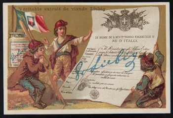 D. Hutinet carte réclame Citoyens devant affiche et pot Liebig 1878-1883 1994.25.135  Photo