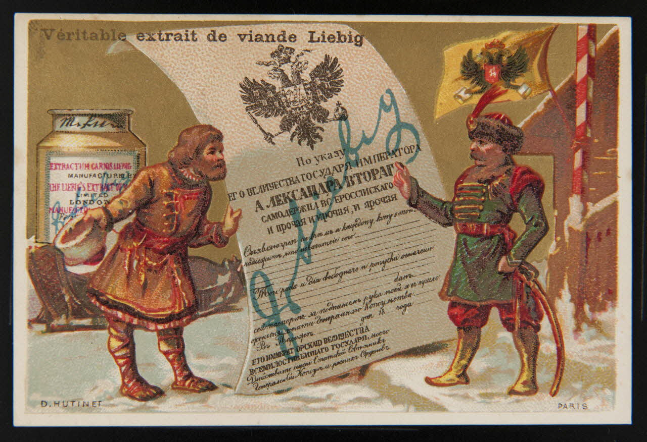 D. Hutinet carte réclame Militaires devant affiche et pot de Liebig 1878-1883 1994.25.136 Photo