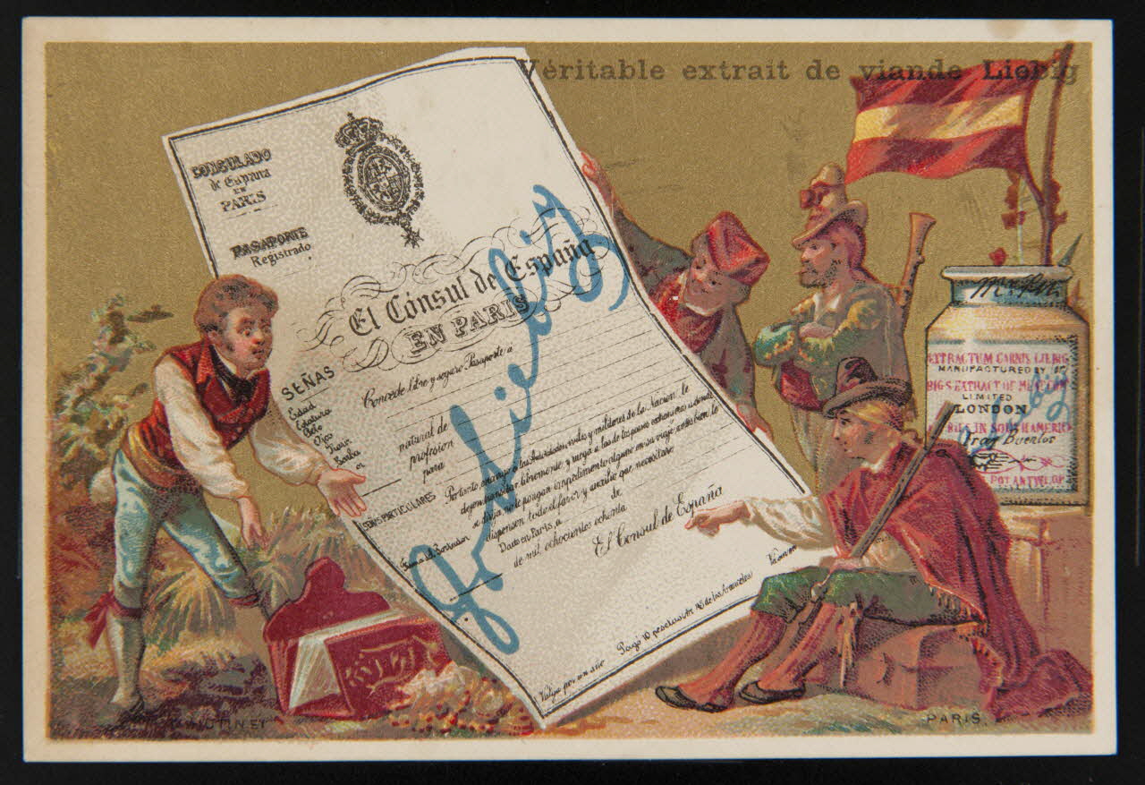 D. Hutinet carte réclame Militaires devant affiches et pot de Liebig 1878-1883 1994.25.137 Photo