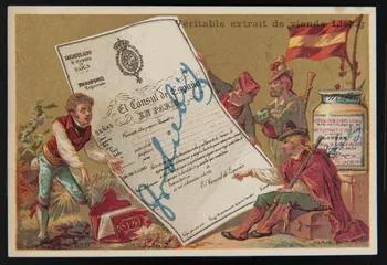 D. Hutinet carte réclame Militaires devant affiches et pot de Liebig 1878-1883 1994.25.137 Photo
