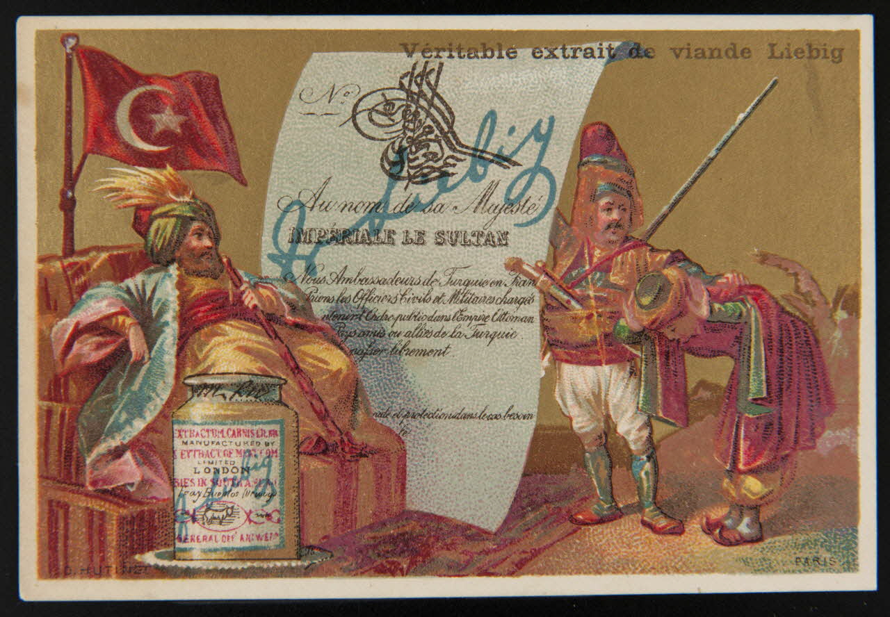 D. Hutinet carte réclame Sultan devant affiche et pot de Liebig 1878-1883 1994.25.138 Photo