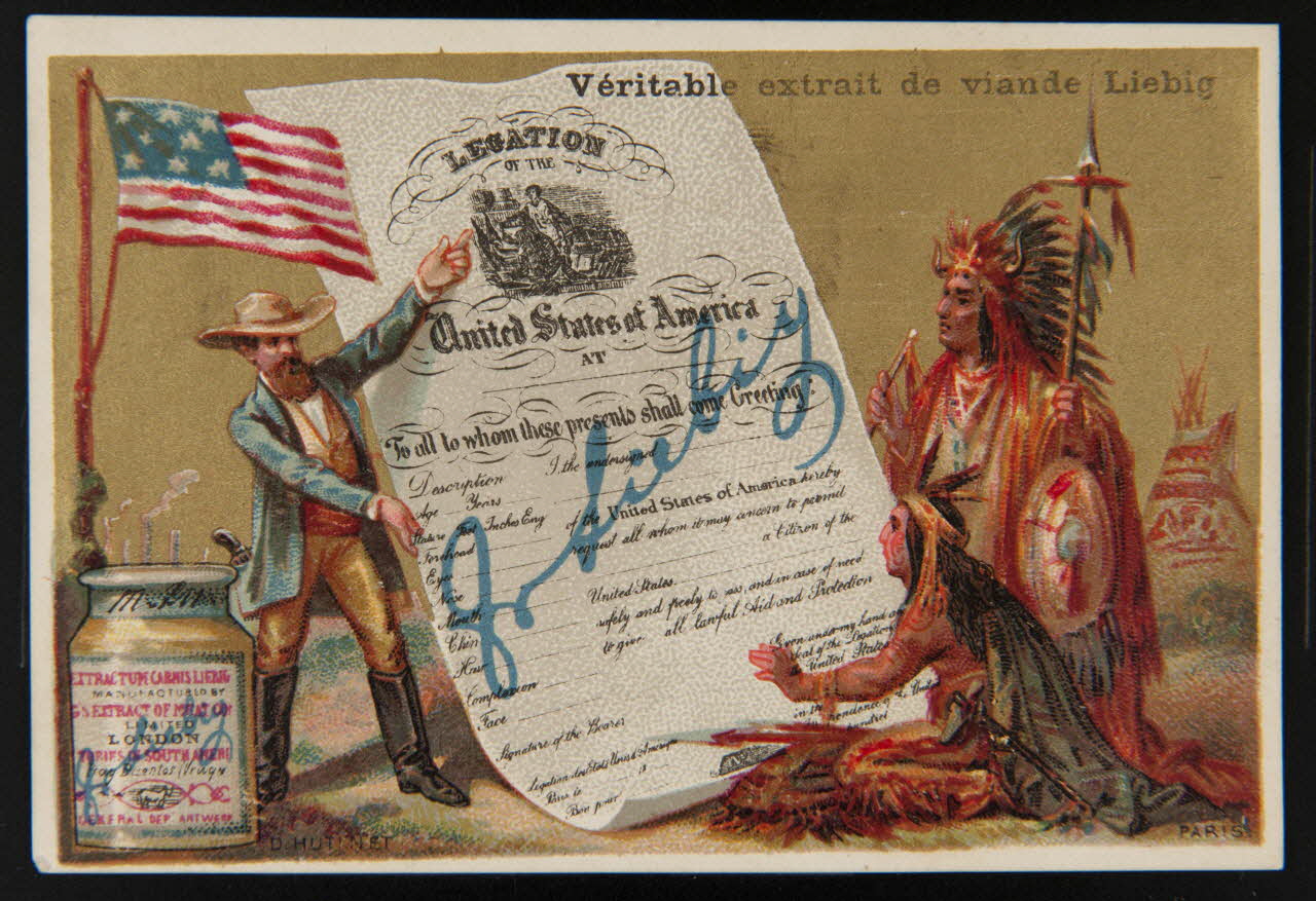 D. Hutinet carte réclame Colon américain et indiens devant affiche et pot de Liebig 1878-1883 1994.25.139 Photo