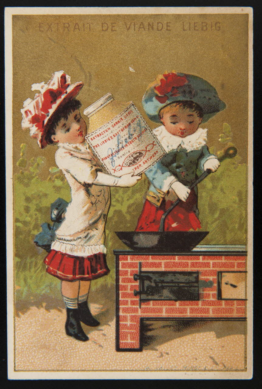 Vallet-Minot et Cie carte réclame Deux jeunes filles portent une poêle en fonte et un pot de Liebig 1878-1883 1994.25.147 Photo