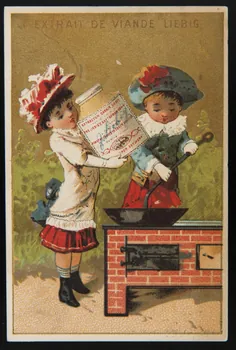 Vallet-Minot et Cie carte réclame Deux jeunes filles portent une poêle en fonte et un pot de Liebig 1878-1883 1994.25.147 Photo
