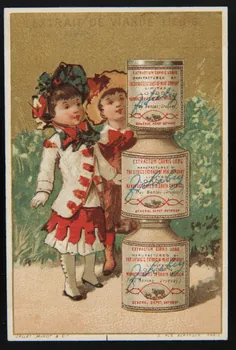 Vallet-Minot et Cie carte réclame Deux jeunes filles observent trois pots de Liebig empilés 1878-1883 1994.25.149 Photo