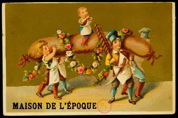 carte réclame Cuisiniers et enfants portant une saucisse géante 1994.31.270.1 Photo