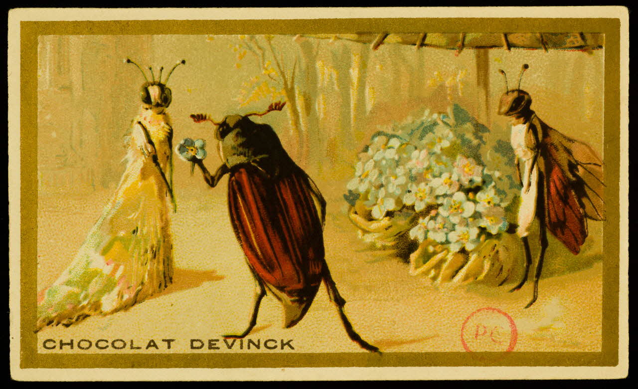 carte réclame Un hanneton offre des fleurs à une fourmi vêtue d'une robe blanche 1889 1994.31.322.1 Photo