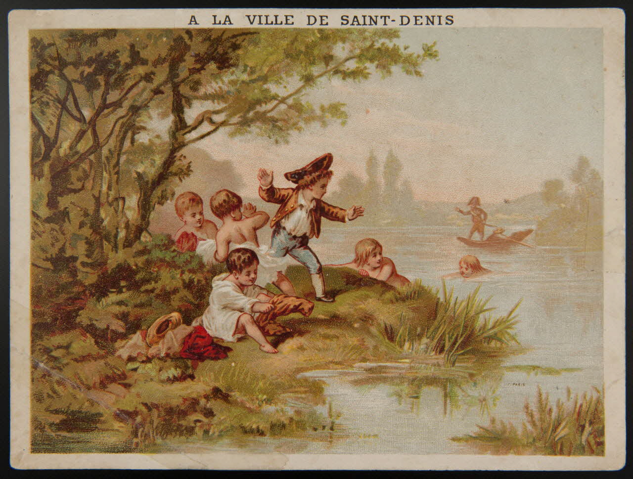 D. Hutinet carte réclame Des enfants s'amusent et se baignent au bord d'un lac Paris 1880-1890 1998.77.111.1 Photo