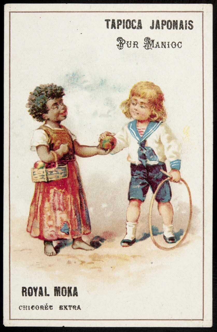 carte réclame Jeune fille noire offrant une pomme à un jeune garçon blanc qui porte un cerceau 1998.77.115.2 Photo
