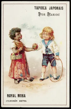 carte réclame Jeune fille noire offrant une pomme à un jeune garçon blanc qui porte un cerceau 1998.77.115.2 Photo