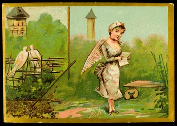 carte réclame Jeune femme en costume d'oiseau près d'un banc, deux oiseaux sont posés à côté sur une barrière 1998.77.122.1 Photo