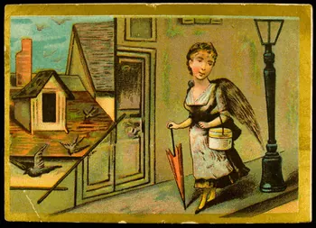 carte réclame Une jeune femme costumée avec des ailes se promène dans la rue 1998.77.122.2 Photo