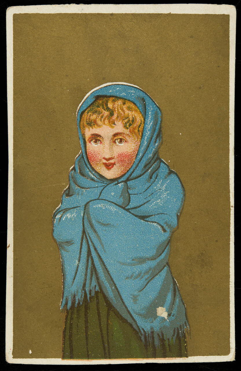 Dupuy (éditeur) ? carte réclame Une jeune fille se couvre la tête d'un châle bleu Paris 1877-1891 1998.77.131.1 Photo