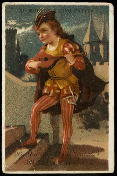 Imprimerie Dupuy Th. carte réclame Jeune homme, courtisan, portant des vêtement de l'époque Renaissance, joue de la mandoline Paris 1877-1891 1998.77.133.2 Photo