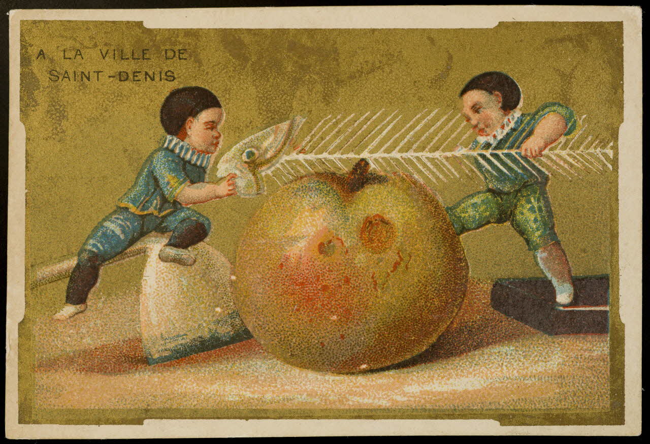 carte réclame Pierrots découpant une pomme avec une arête de poisson 1998.77.14.2 Photo