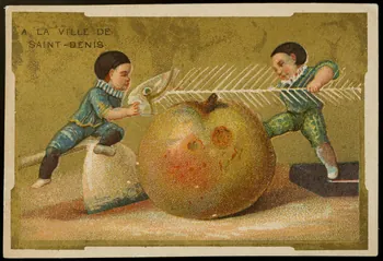 carte réclame Pierrots découpant une pomme avec une arête de poisson 1998.77.14.2  Photo