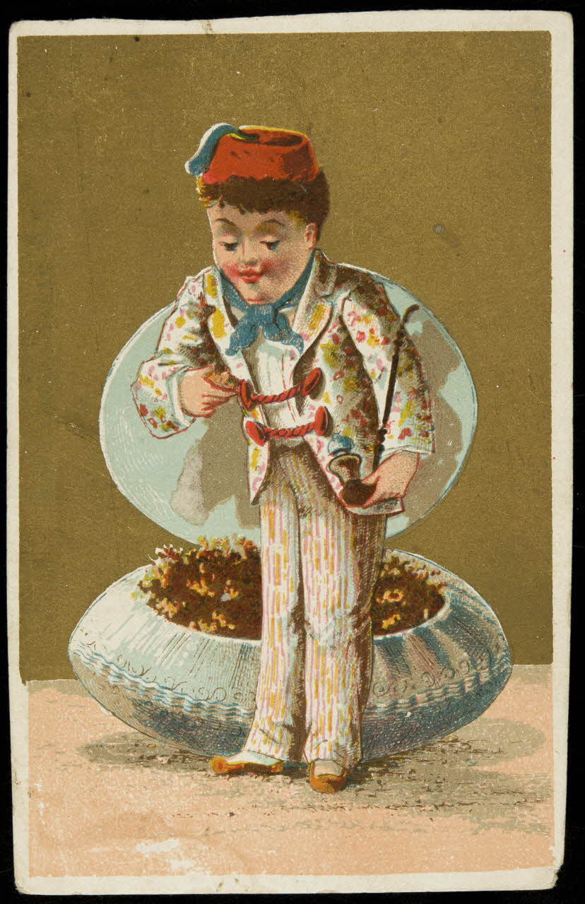 carte réclame Jeune homme en costume oriental portant une pipe, devant un pot à tabac 1998.77.150.2 Photo