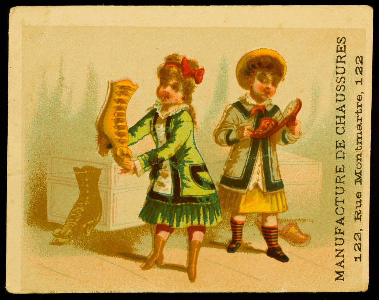 carte réclame Jeunes filles dans un magasin de chaussures Paris 1878-1900 1998.77.16.1 Photo