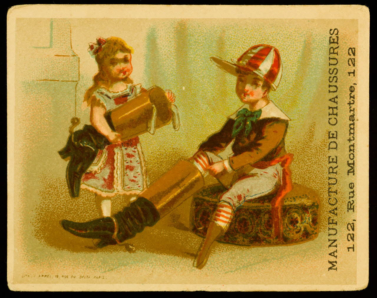 carte réclame Jeune homme portant une casquette, avec une jambe de bois, essaie des bottes géantes Paris 1878-1900 1998.77.16.2 Photo