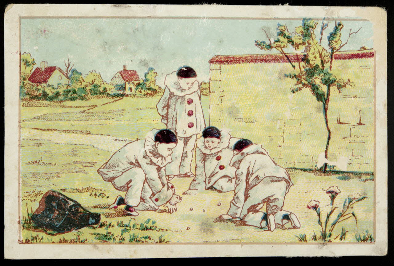 carte réclame Quatre pierrots jouant aux billes 1998.77.164.2 Photo