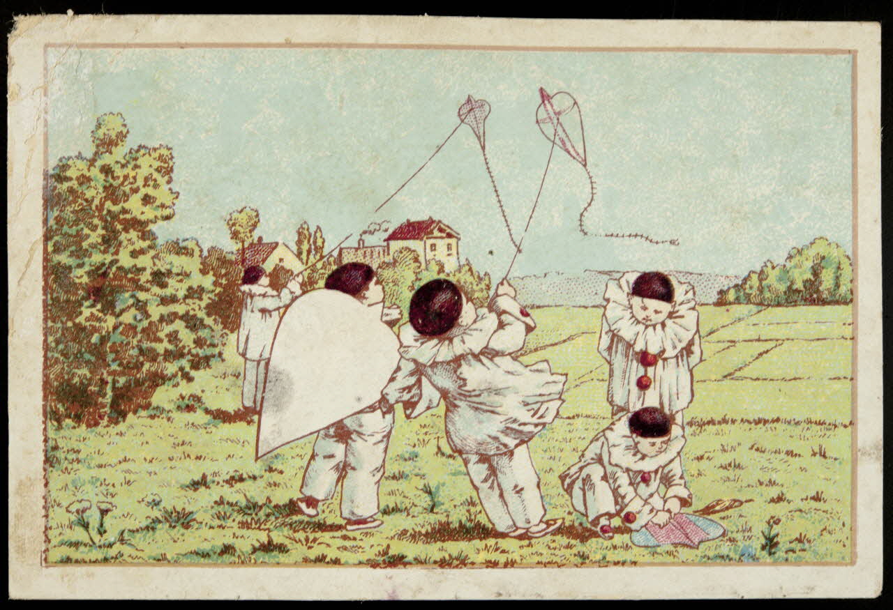 carte réclame Cinq pierrots jouant au cerf-volant 1998.77.164.4 Photo