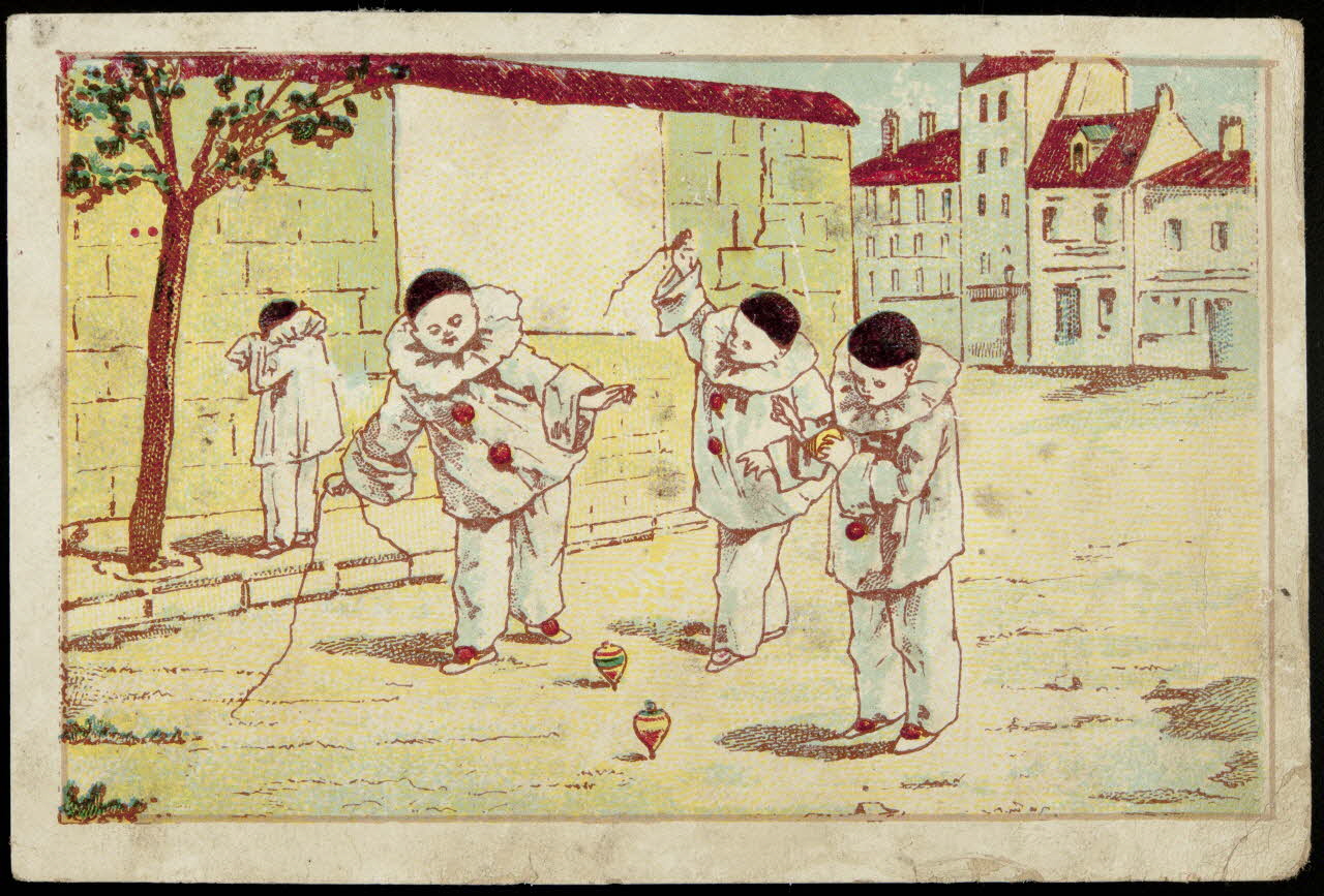 carte réclame Quatre pierrots jouant avec des toupies dans la rue 1998.77.164.6 Photo