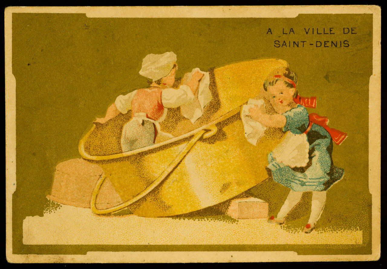 carte réclame Deux enfants nettoient une bassine géante Paris 1878-1900 1998.77.17.1 Photo