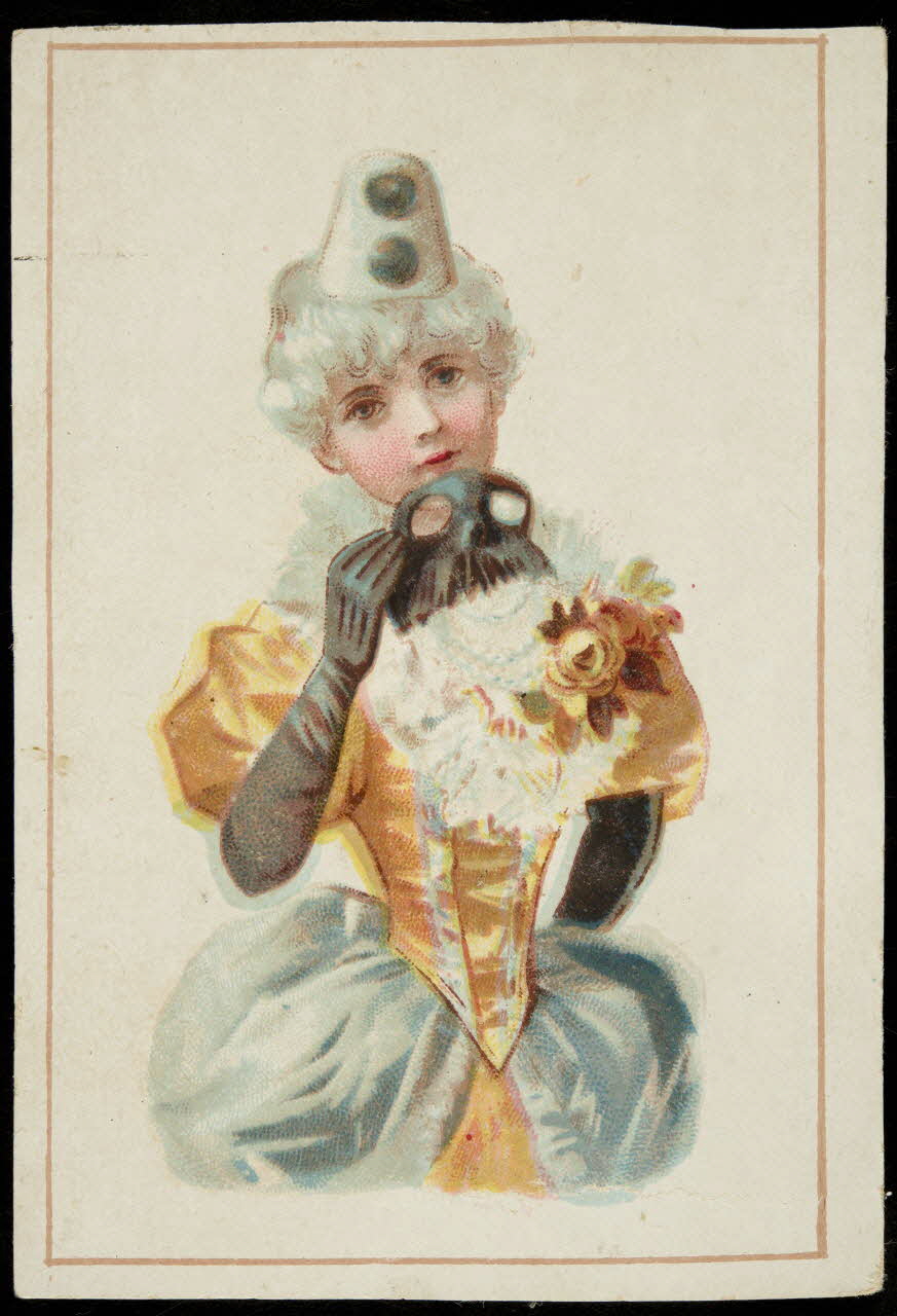 carte réclame Jeune femme en costume de colombine, portant un masque à la main 1998.77.177.1 Photo