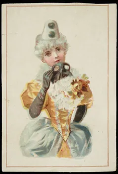 carte réclame Jeune femme en costume de colombine, portant un masque à la main 1998.77.177.1 Photo