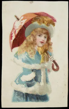 carte réclame Une jeune fille en manteau bleu s'abrite sous un parapluie rouge 1998.77.179.1 Photo