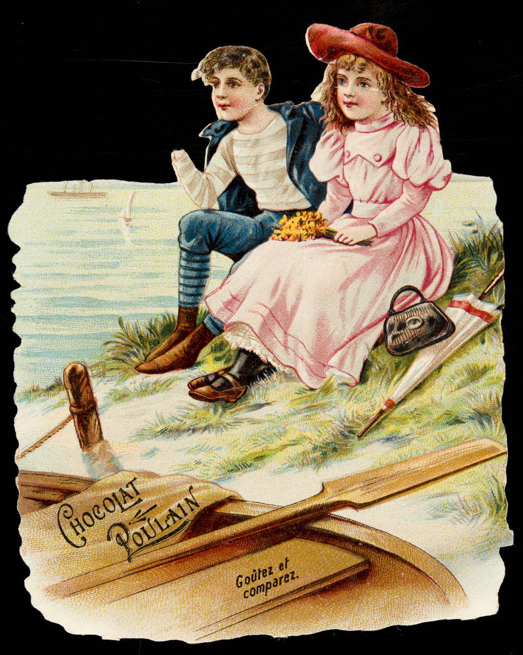 carte réclame Un jeune garçon et une jeune fille sont assis au bord d'un lac, à côté d'une barque 1998.77.182.1 Photo