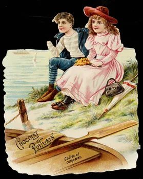 carte réclame Un jeune garçon et une jeune fille sont assis au bord d'un lac, à côté d'une barque 1998.77.182.1 Photo