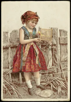 carte réclame Jeune fille en rouge et bleu portant une cage avec un oiseau jaune 1998.77.203.12  Photo