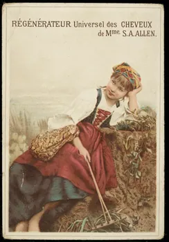 carte réclame Jeune fille en costume traditionnel assise sur un rocher, accoudée, tient un rateau dans la main droite 1998.77.203.6 Photo