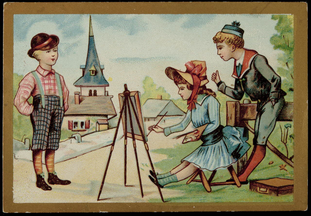 carte réclame Une femme en robe bleue devant un tableau et son chevalet peint un jeune homme 1998.77.204.1 Photo